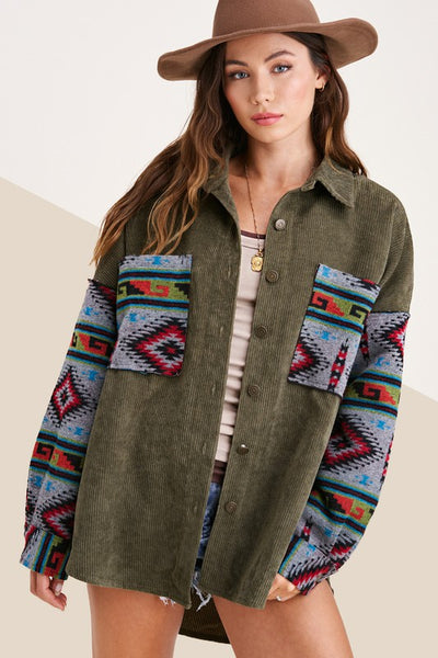 Corduroy Shacket With Aztec Sleeves *