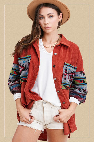 Corduroy Shacket With Aztec Sleeves *