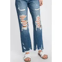 Distressed high waisted straight leg jeans