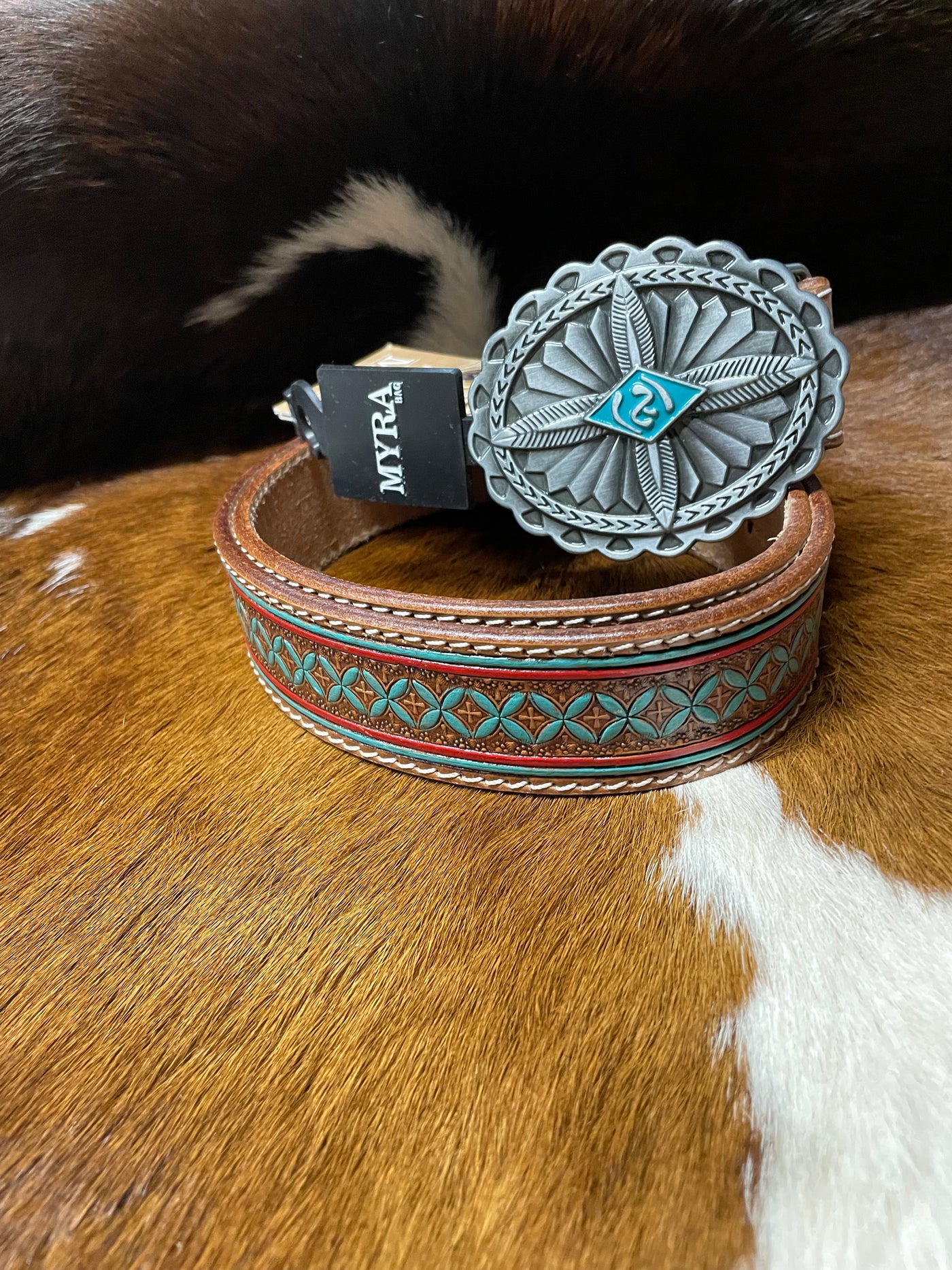 Myra CRYSTALS HAND-TOOLED LEATHER BELT