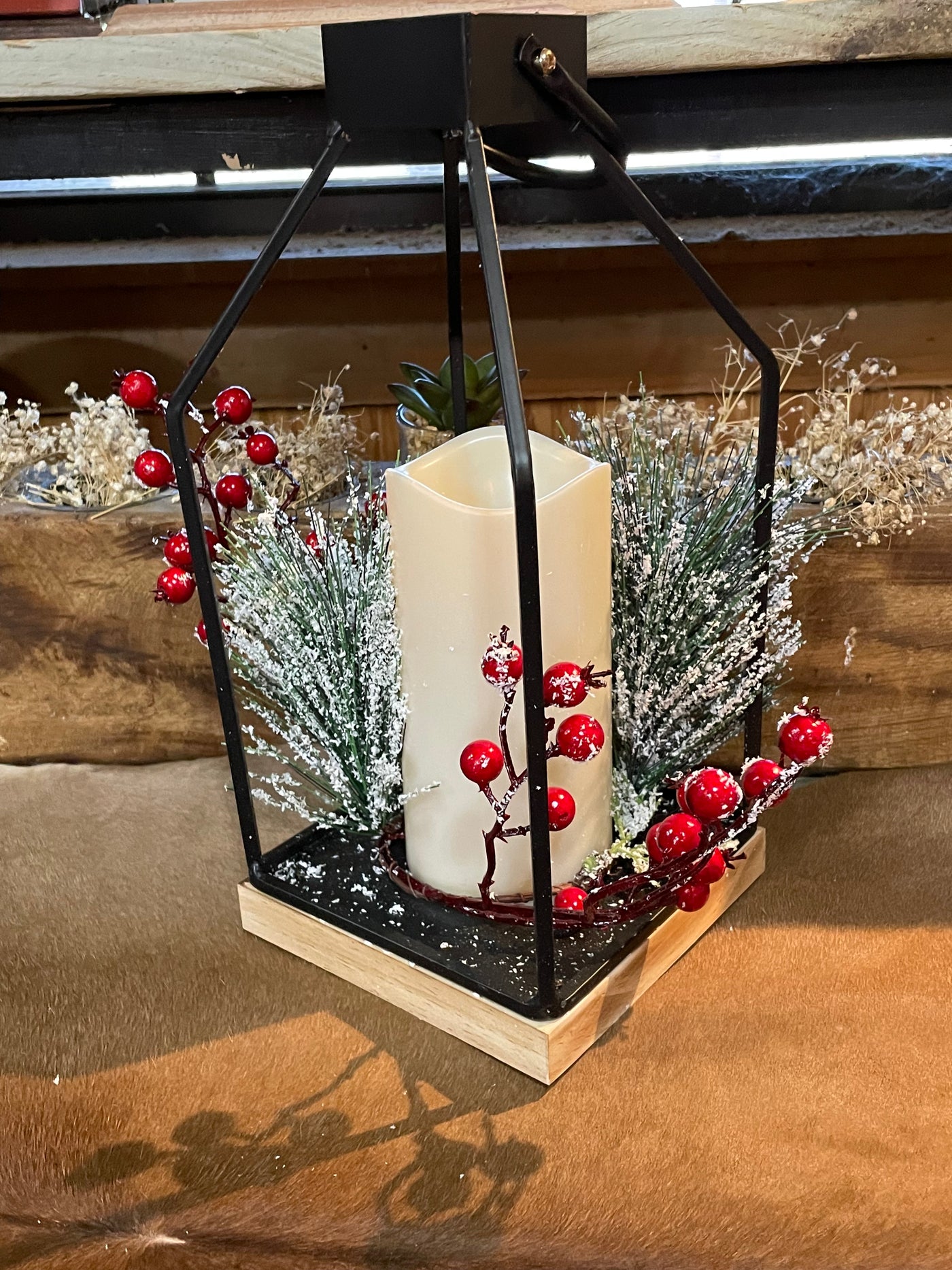 Metal and Wood Lantern w/ wreath