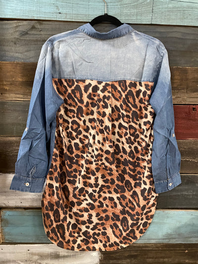 Bluejean and Leopard Long sleeve Shirt