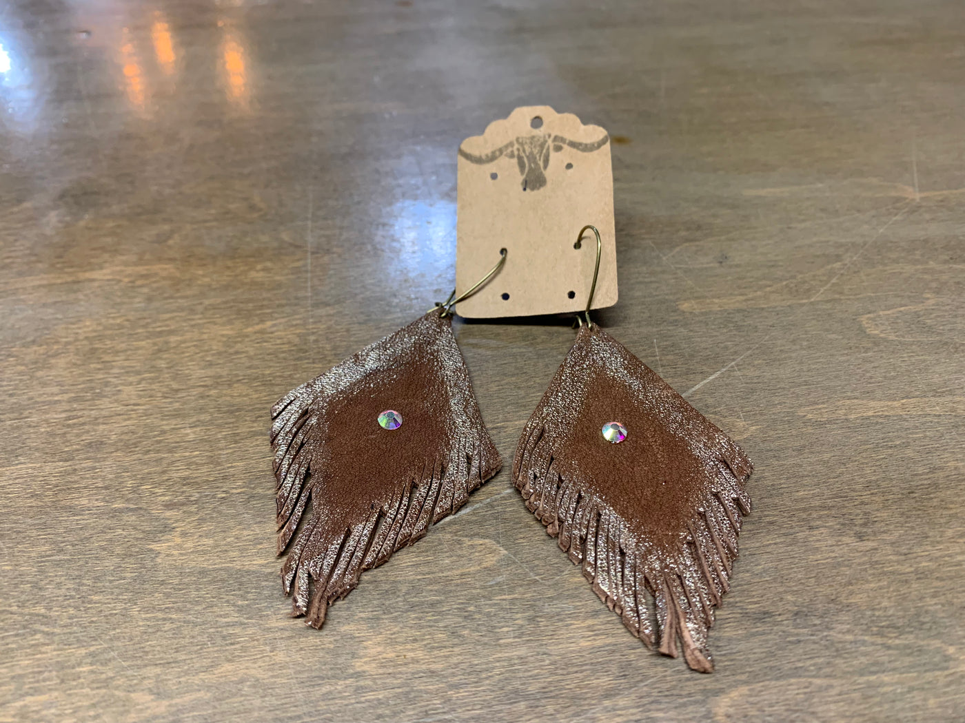 Brown leather fringe earring with rhinestone *