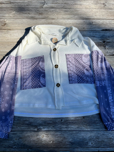 Paisley Print/White Contrast Button up shirt (greyish purple color)*