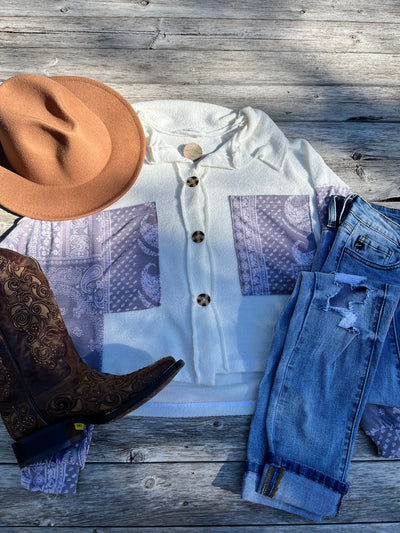Paisley Print/White Contrast Button up shirt (greyish purple color)*