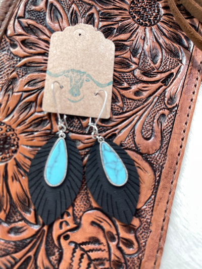 black feather leather earring w/ turquoise tear drop