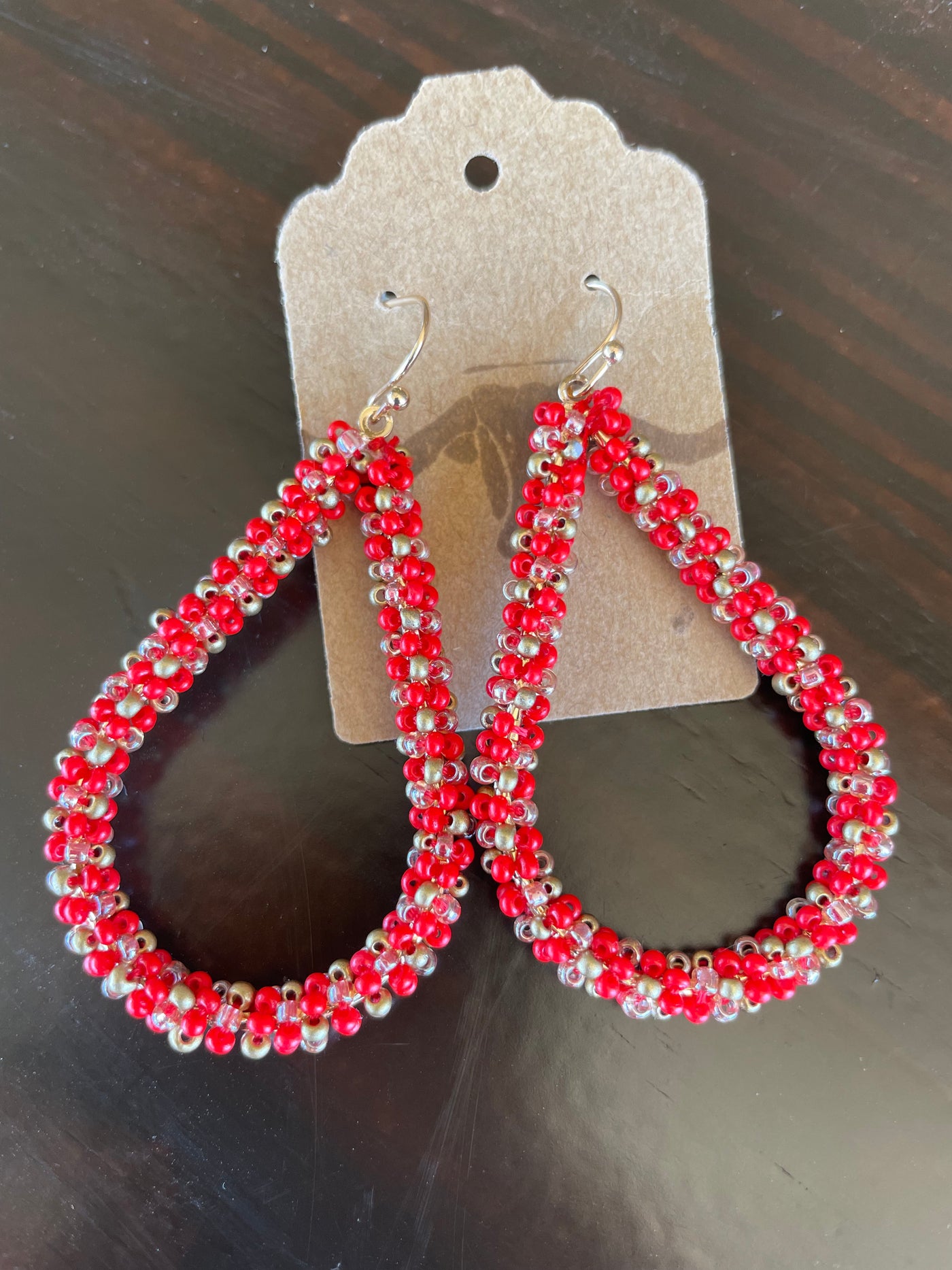 Red & Gold Beaded Teardrop Dangle Earrings *