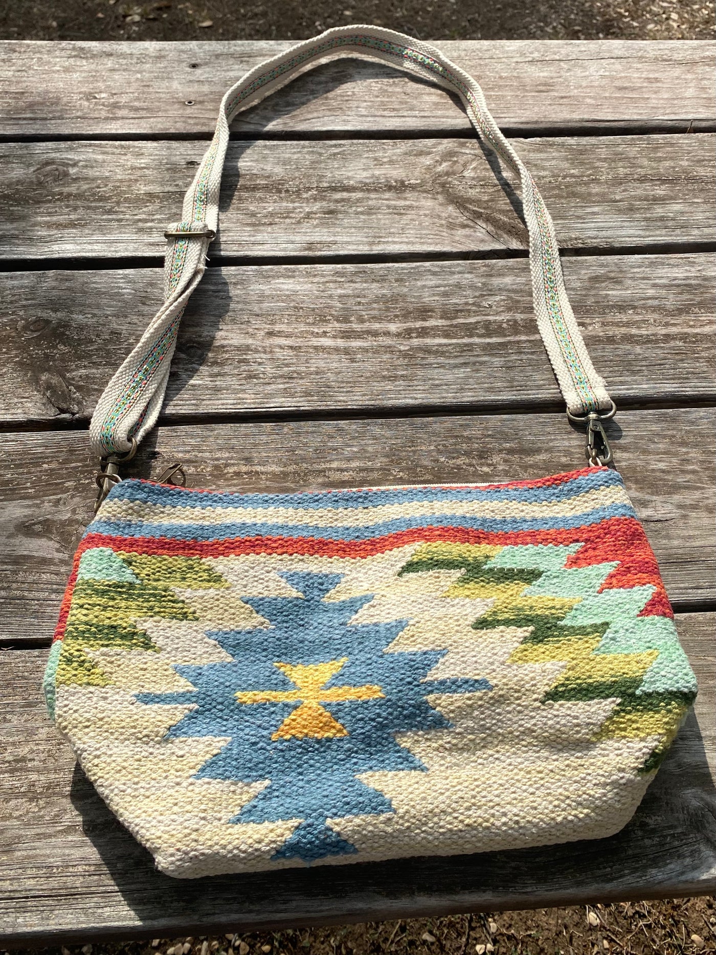 woven cream, blue & multicolored aztec crossbody