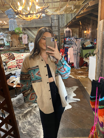 Corduroy Shacket With Aztec Sleeves *