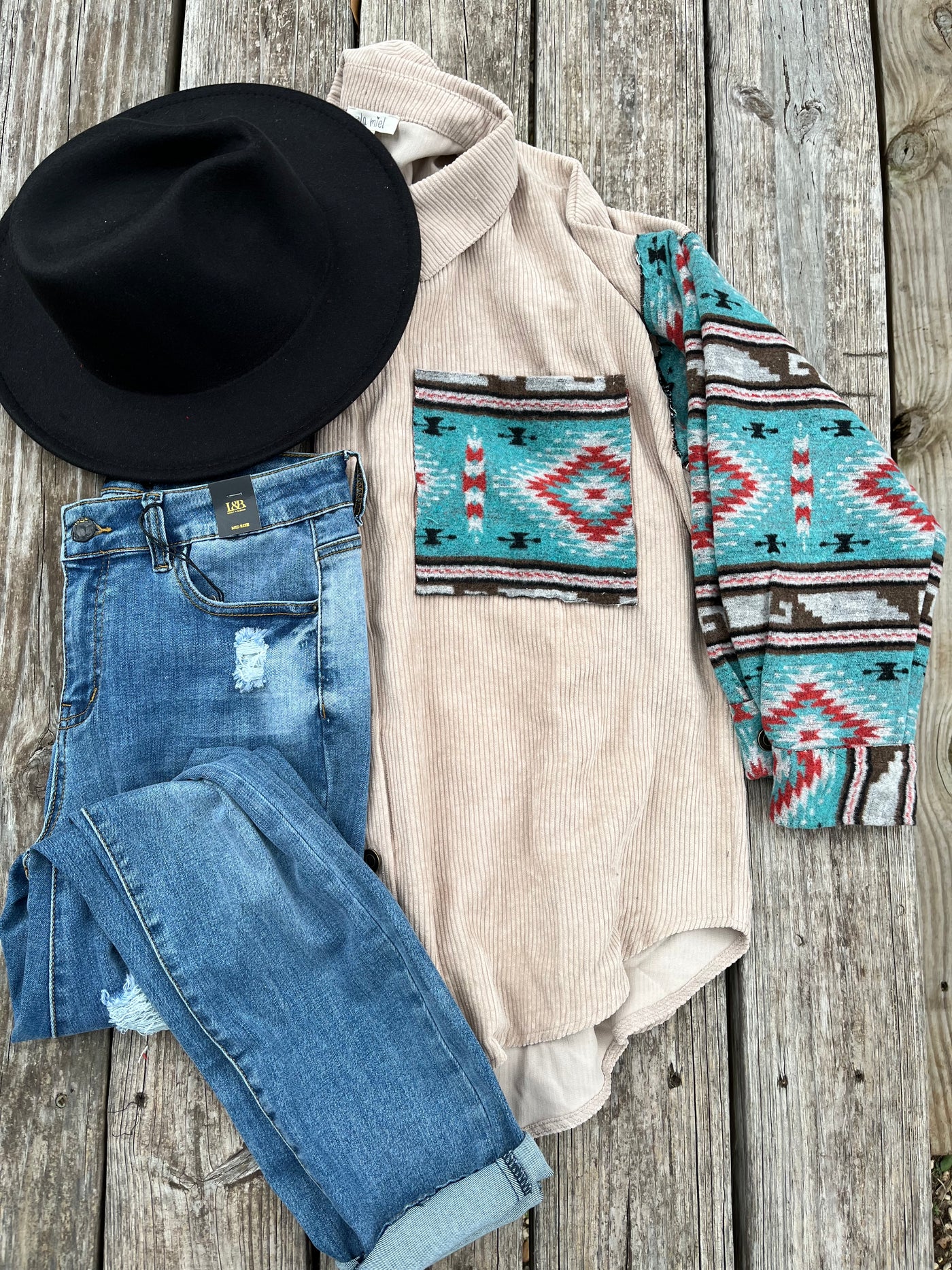 Corduroy Shacket With Aztec Sleeves *