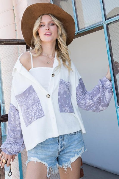 Paisley Print Contrast Button Up Shacket - Collard and button up