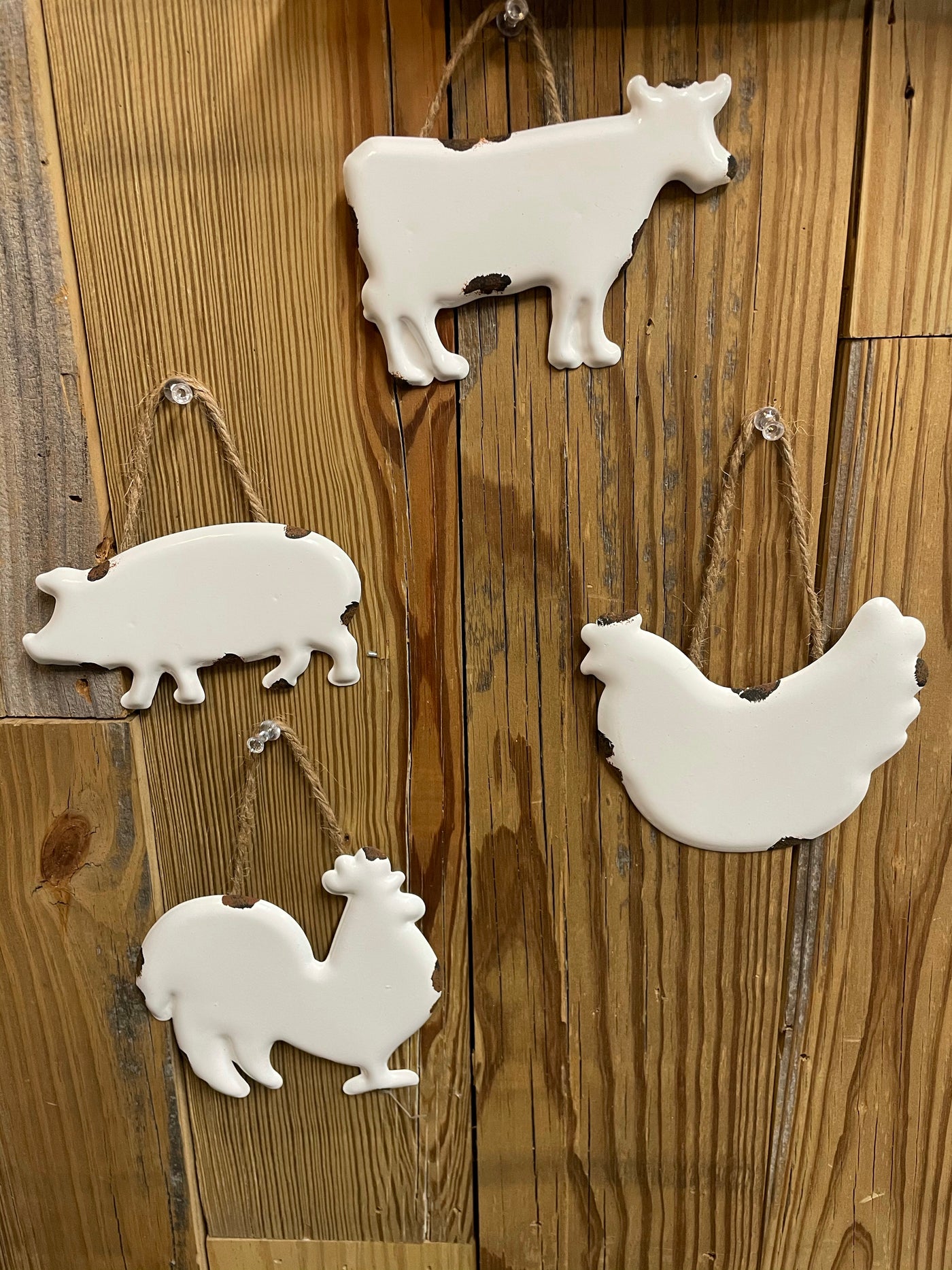 White Metal Farm Animal Ornaments