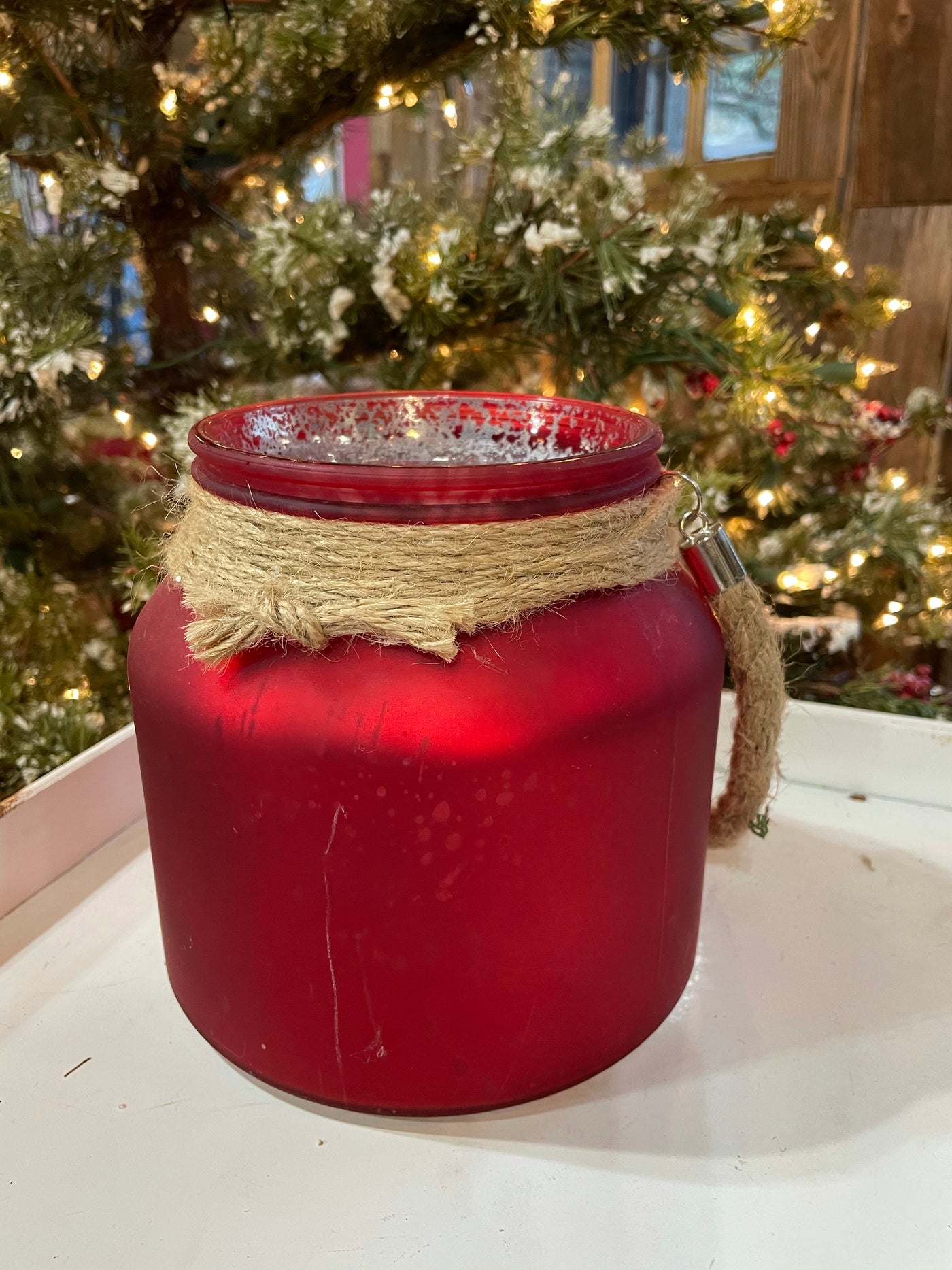 Red Glass Jar with Rope Handle
